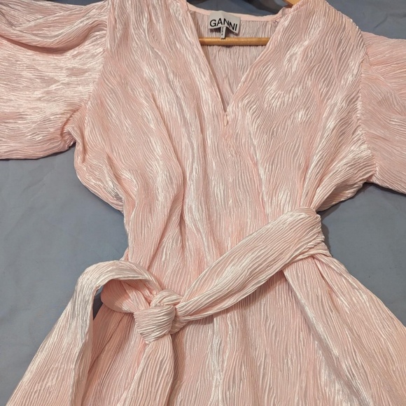GANNI Pleated Satin Dress Belted Plissé-satin Mini Dress In Pastel Pink - Picture 4 of 8